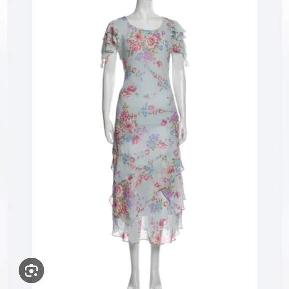 Mary McFadden floral print long midi blue ruffle sleeve  dress size 12 - Picture 1 of 7